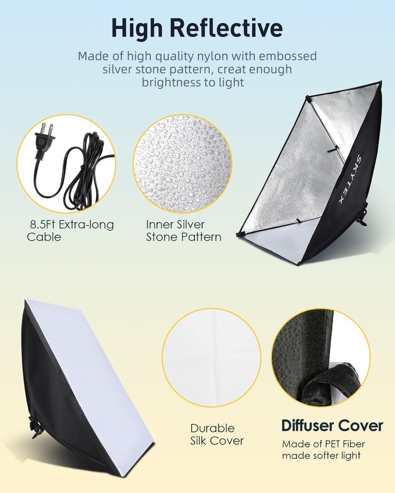 Skytex Softbox Lighting Kit 2Pack,20x28in Soft Box |Upgrade 135W 2700-6400K 100V-240V AC E27 LEDBulb Continuous Photography Lighting,Photo Studio Lights Equipment for Camera Shooting,Video Recording - Image 3
